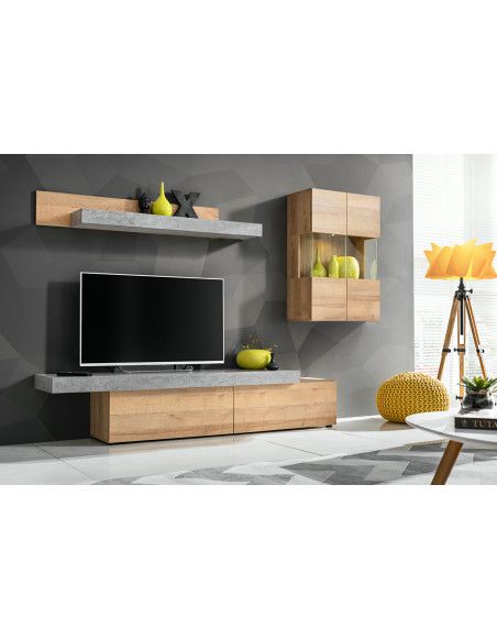 Ensemble meuble TV mural Concret - L 230 x P 40 x H 160 cm - Beige et gris
