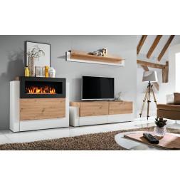 Ensemble meuble TV mural et buffet cheminée Queens - L 290 x P 45 x H 150 cm - Blanc et beige