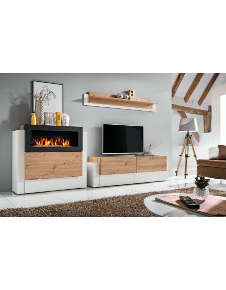 Ensemble meuble TV mural et buffet cheminée Queens - L 290 x P 45 x H 150 cm - Blanc et beige