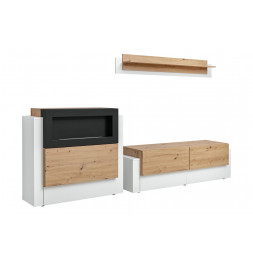 Ensemble meuble TV mural et buffet cheminée Queens - L 290 x P 45 x H 150 cm - Blanc et beige