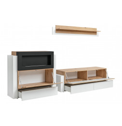 Ensemble meuble TV mural et buffet cheminée Queens - L 290 x P 45 x H 150 cm - Blanc et beige