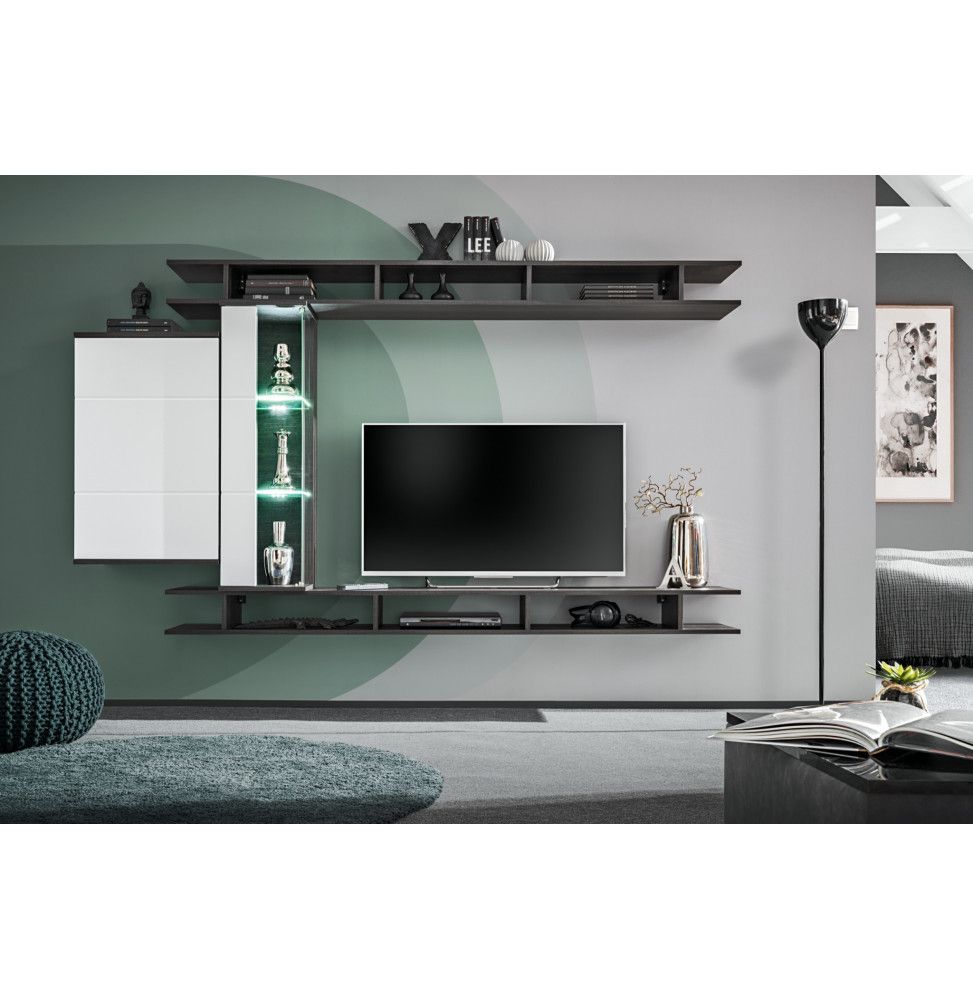 Ensemble meuble TV mural Game - L 230 x P 35 x 130 cm - Blanc et noir