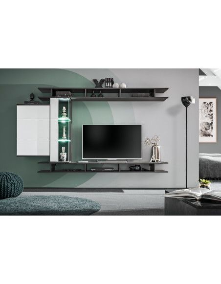 Ensemble meuble TV mural Game - L 230 x P 35 x 130 cm - Blanc et noir