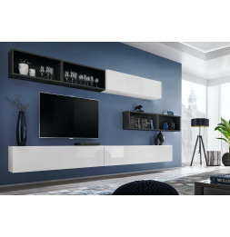 Ensemble meuble TV mural Blox XIIII - L 350 x P 32 x H 150 cm - Blanc et noir