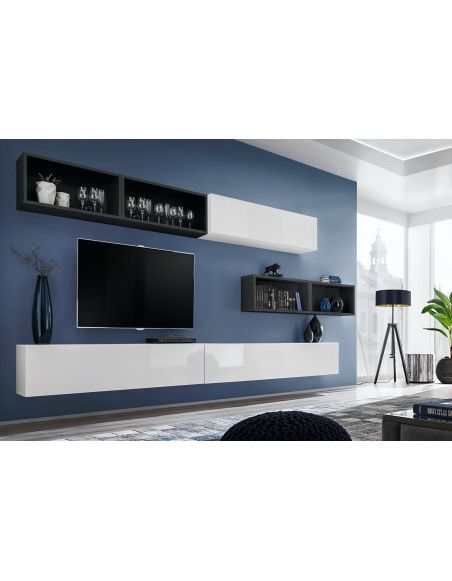 Ensemble meuble TV mural Blox XIIII - L 350 x P 32 x H 150 cm - Blanc et noir