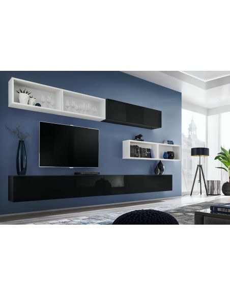 Ensemble meuble TV mural Blox XIIII - L 350 x P 32 x H 150 cm - Noir et blanc