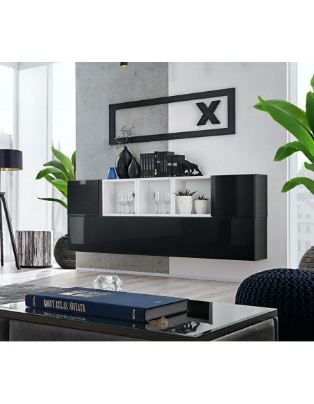 Ensemble meuble TV mural Blox SB V - L 175 x P 32 x H 70 cm - Noir et blanc
