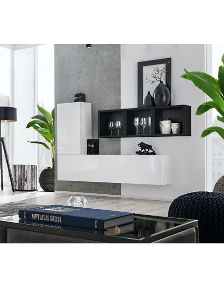 Ensemble meuble TV mural Blox SB VI - L 155 x P 32 x H 105 cm - Blanc et noir