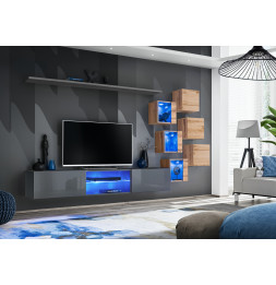 Ensemble meuble TV mural Switch XXI - L 240 x P 40 x H 120 cm - Gris et marron