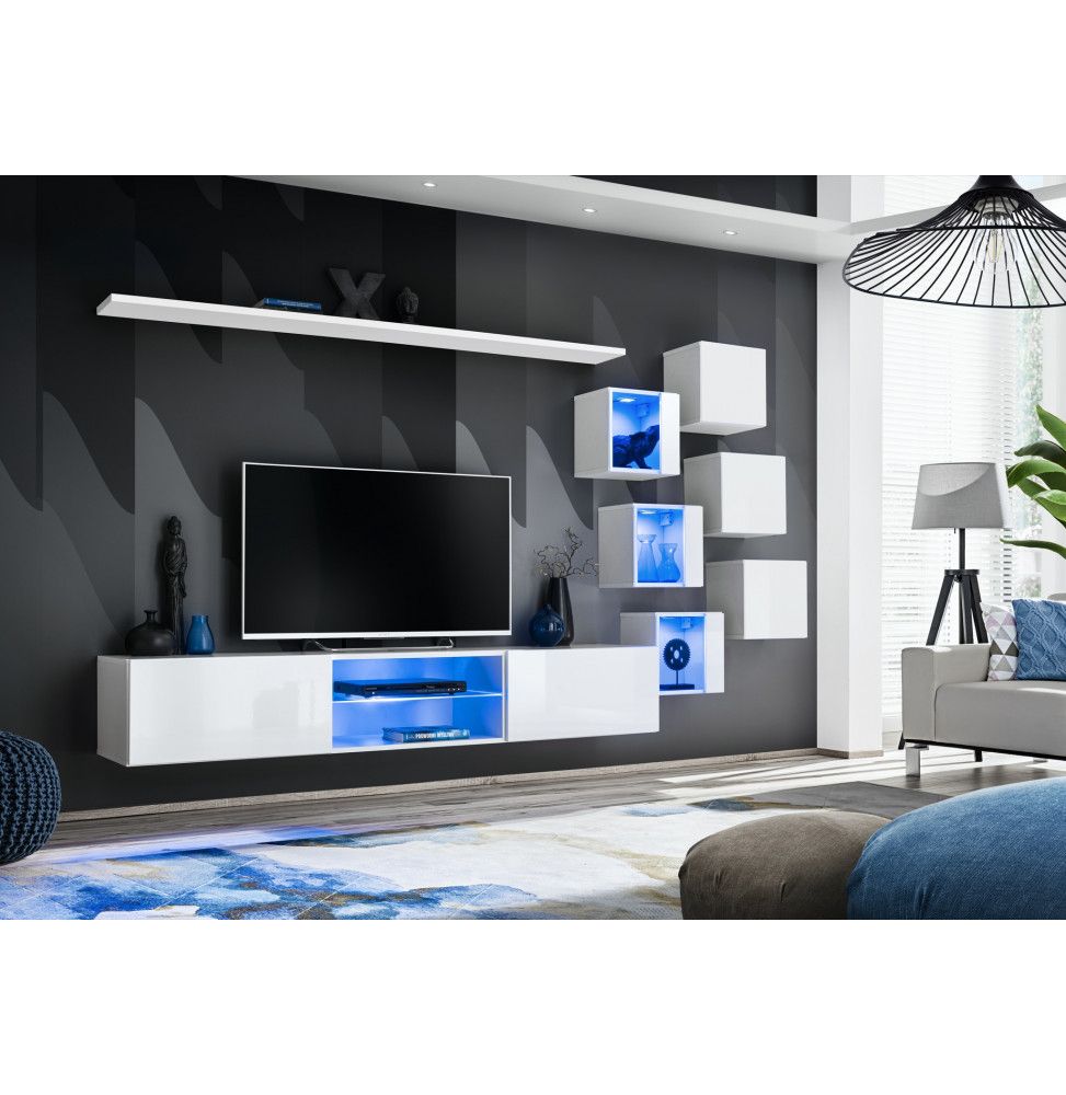 Ensemble meuble TV mural Switch XXI - L 240 x P 40 x H 120 cm - Blanc