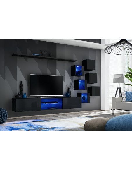 Ensemble meuble TV mural Switch XXI - L 240 x P 40 x H 120 cm - Noir