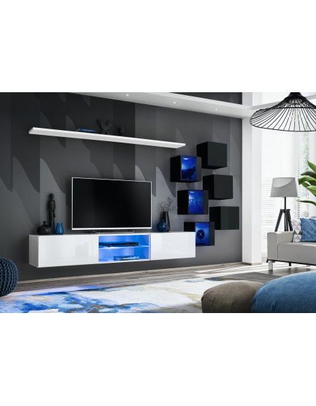 Ensemble meuble TV mural Switch XXI - L 240 x P 40 x H 120 cm - Blanc et noir