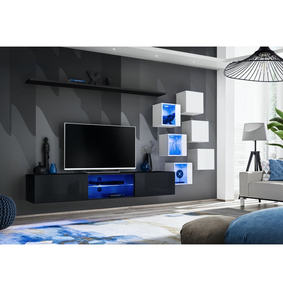 Ensemble meuble TV mural Switch XXI - L 240 x P 40 x H 120 cm - Noir et blanc