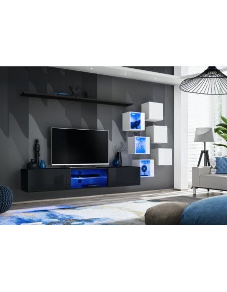 Ensemble meuble TV mural Switch XXI - L 240 x P 40 x H 120 cm - Noir et blanc