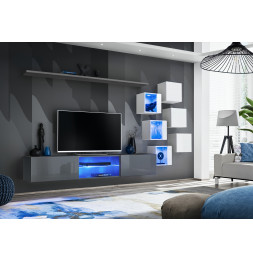 Ensemble meuble TV mural Switch XXI - L 240 x P 40 x H 120 cm - Gris et blanc