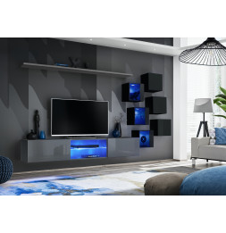 Ensemble meuble TV mural Switch XXI - L 240 x P 40 x H 120 cm - Gris et noir