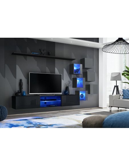 Ensemble meuble TV mural Switch XXI - L 240 x P 40 x H 120 cm - Noir et gris