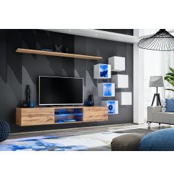 Ensemble meuble TV mural Switch XXI - L 240 x P 40 x H 120 cm - Marron et blanc
