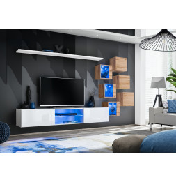 Ensemble meuble TV mural Switch XXI - L 240 x P 40 x H 120 cm - Blanc et marron