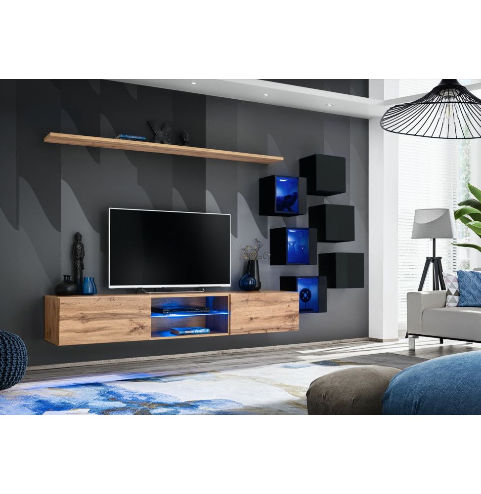 Ensemble meuble TV mural Switch XXI - L 240 x P 40 x H 120 cm - Marron et noir
