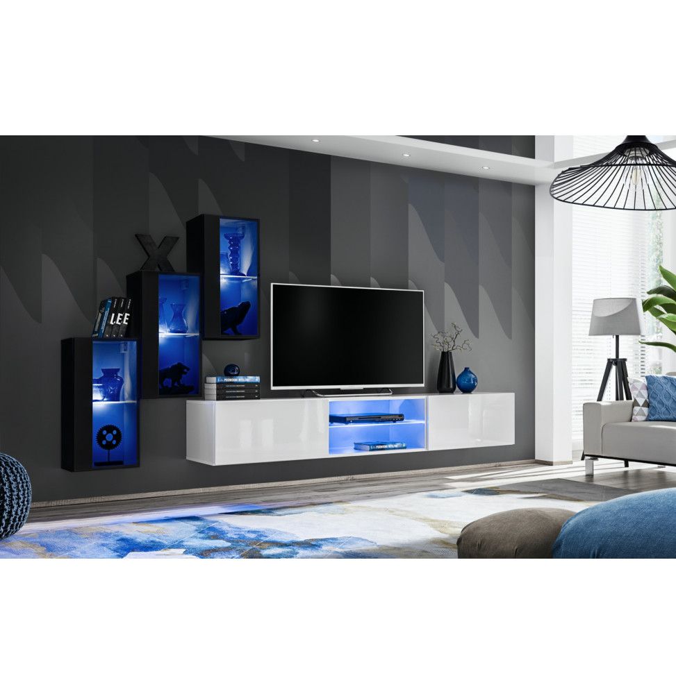 Ensemble meuble TV mural Switch XXII - L 240 x P 40 x H 170 cm - Noir et blanc