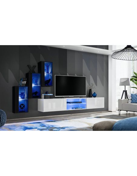 Ensemble meuble TV mural Switch XXII - L 240 x P 40 x H 170 cm - Noir et blanc