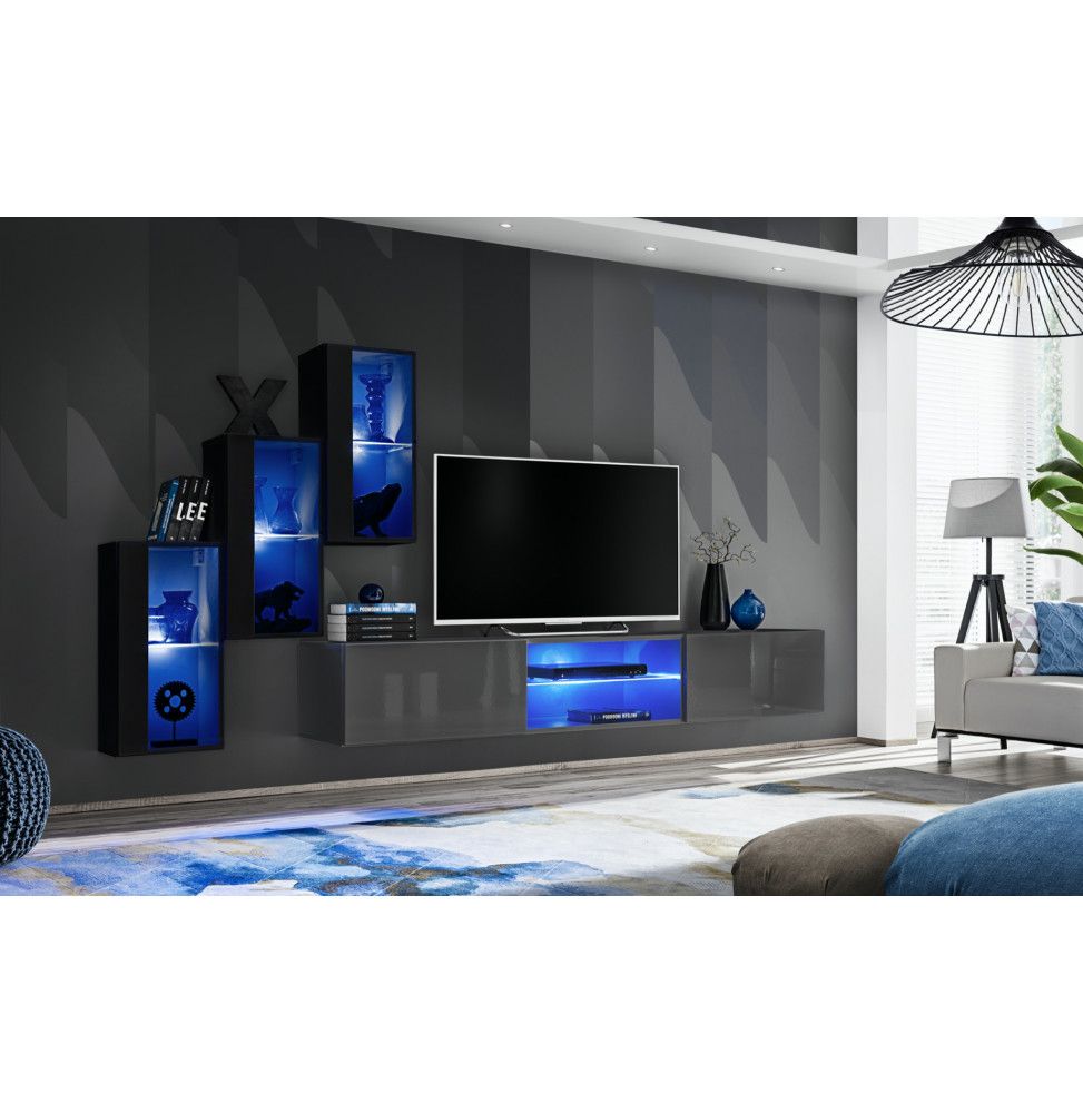 Ensemble meuble TV mural Switch XXII - L 240 x P 40 x H 170 cm - Noir et gris
