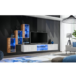 Ensemble meuble TV mural Switch XXII - L 240 x P 40 x H 170 cm - Marron et blanc