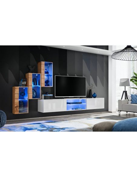 Ensemble meuble TV mural Switch XXII - L 240 x P 40 x H 170 cm - Marron et blanc