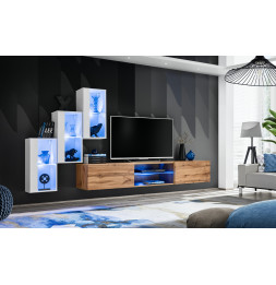 Ensemble meuble TV mural Switch XXII - L 240 x P 40 x H 170 cm - Blanc et marron