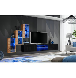 Ensemble meuble TV mural Switch XXII - L 240 x P 40 x H 170 cm - Marron et noir