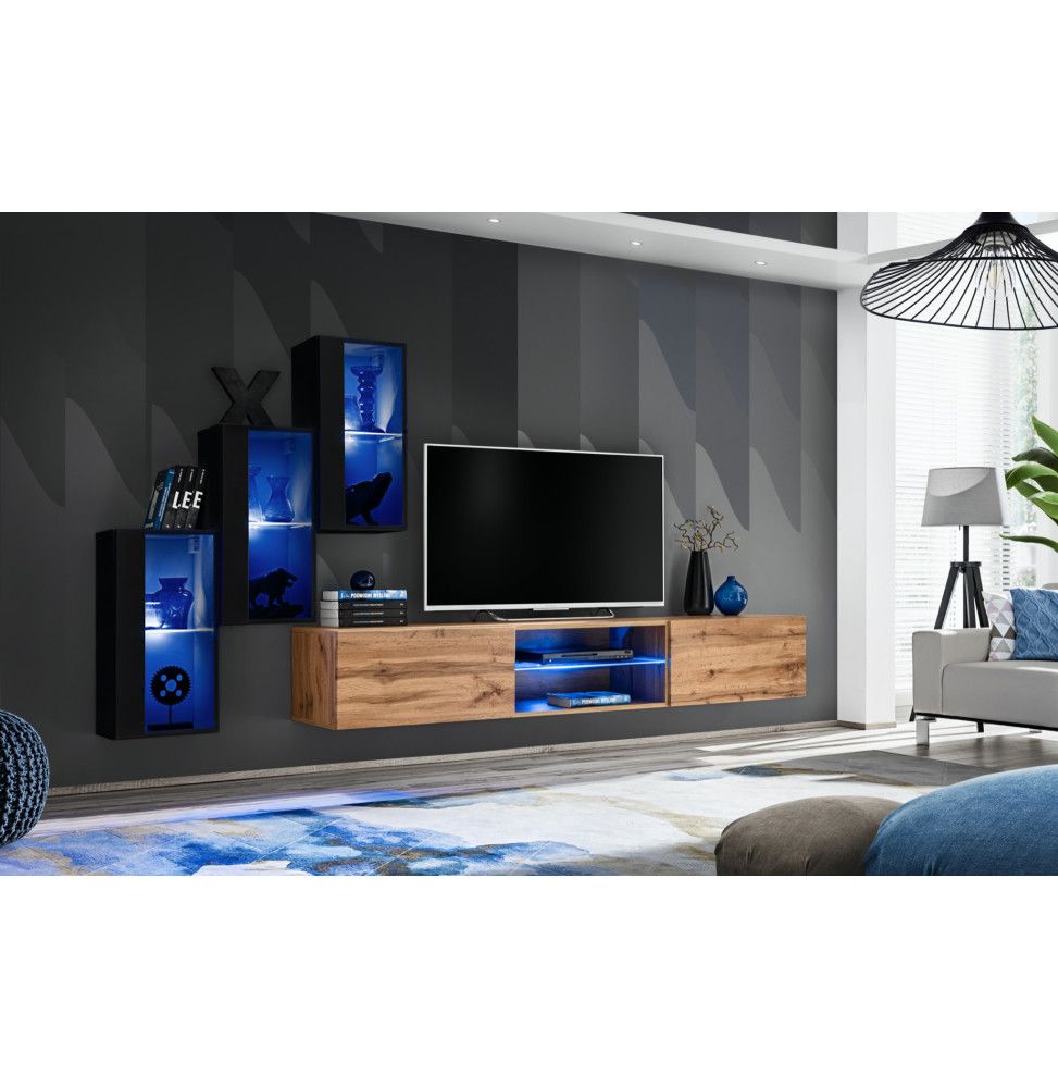 Ensemble meuble TV mural Switch XXII - L 240 x P 40 x H 170 cm - Noir et marron