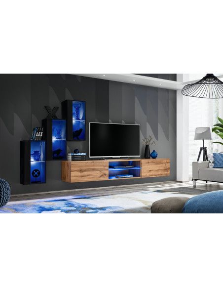 Ensemble meuble TV mural Switch XXII - L 240 x P 40 x H 170 cm - Noir et marron