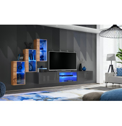 Ensemble meuble TV mural Switch XXII - L 240 x P 40 x H 170 cm - Marron et gris