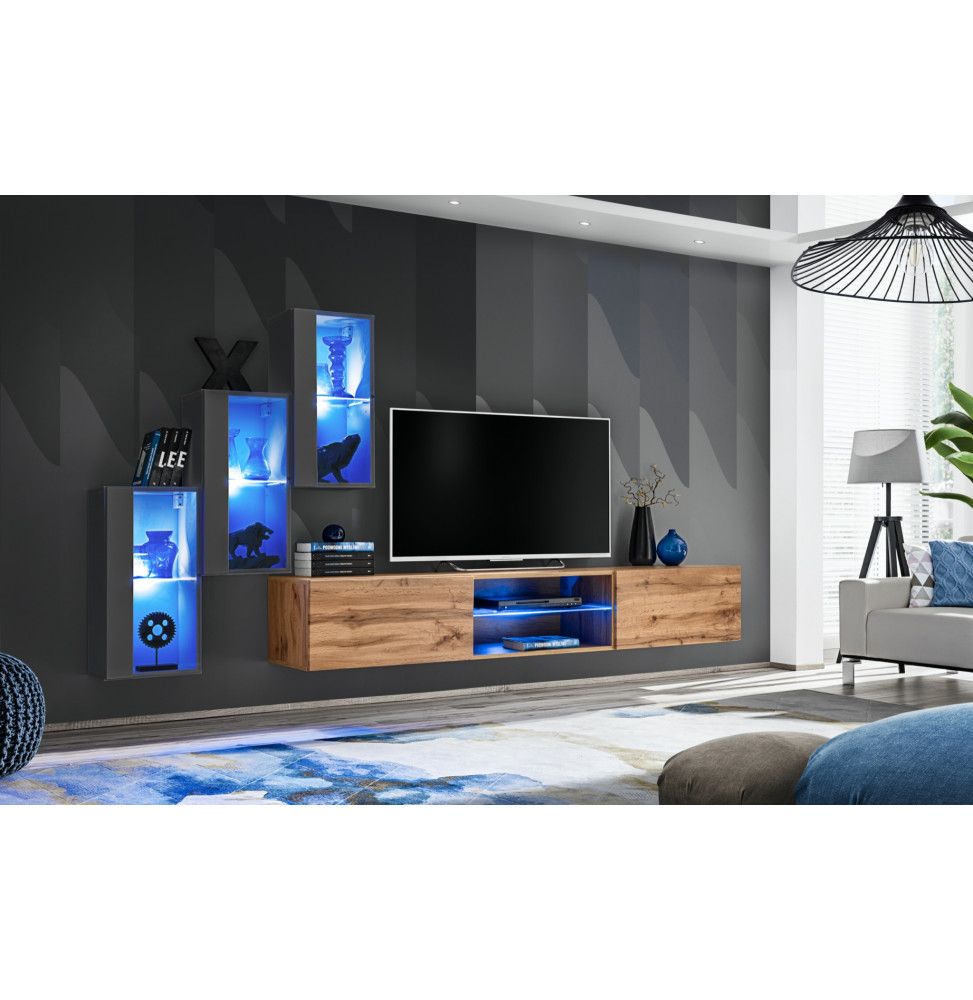 Ensemble meuble TV mural Switch XXII - L 240 x P 40 x H 170 cm - Gris et marron