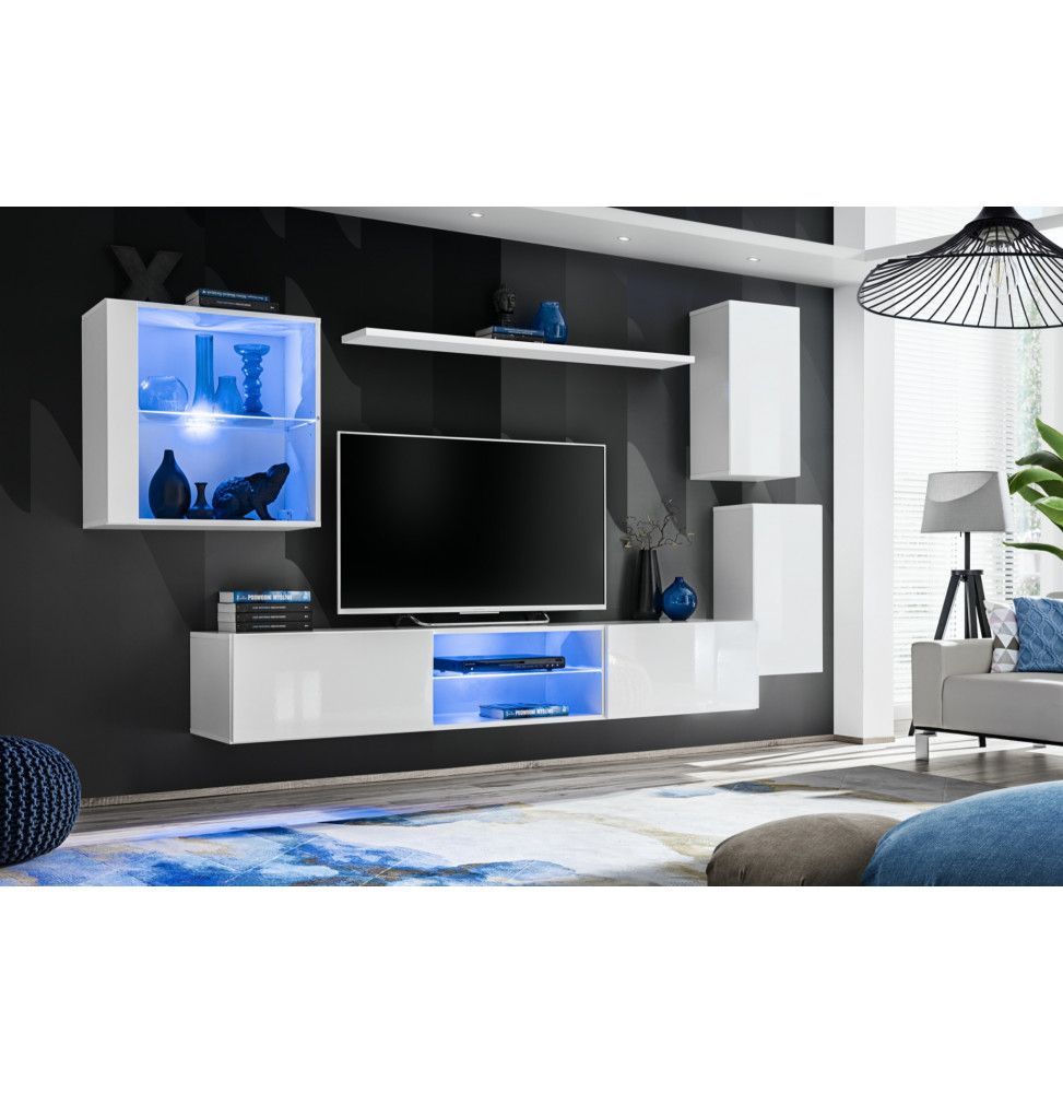 Ensemble meuble TV mural Switch XXIII - L 250 x P 40 x H 140 cm - Blanc