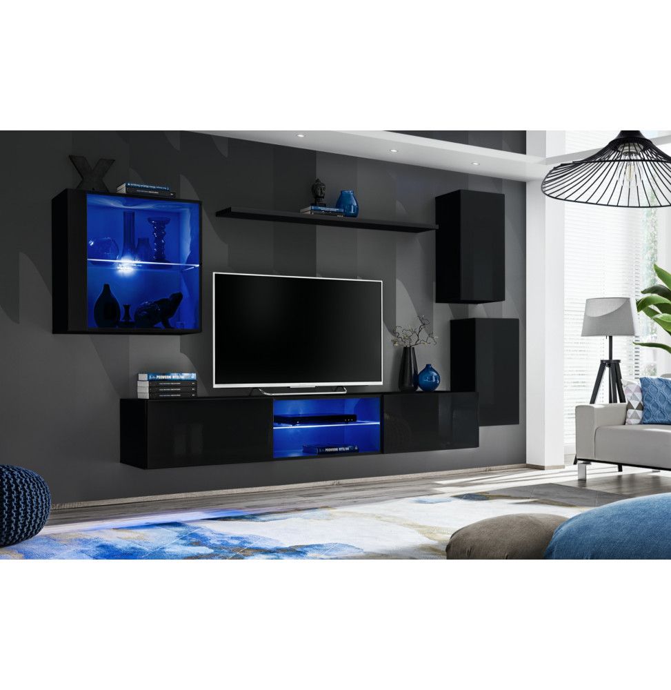 Ensemble meuble TV mural Switch XXIII - L 250 x P 40 x H 140 cm - Noir