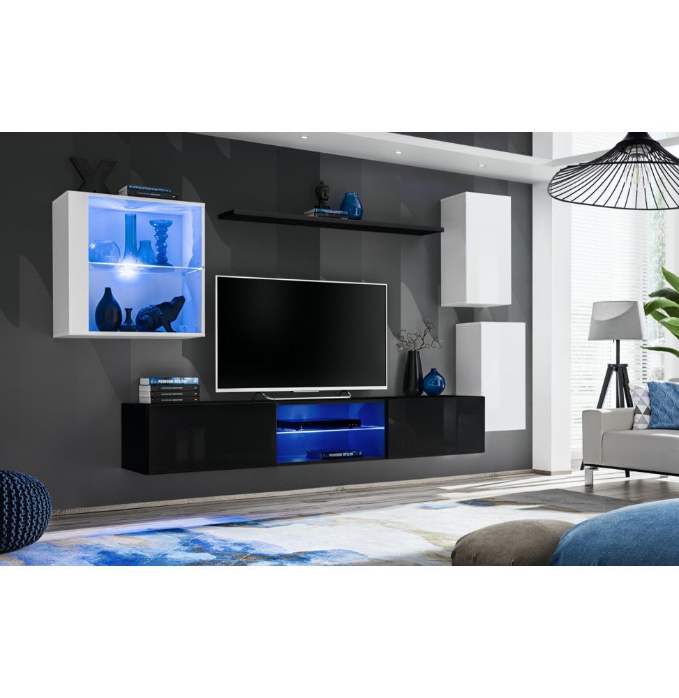 Ensemble meuble TV mural Switch XXIII - L 250 x P 40 x H 140 cm - Noir et blanc
