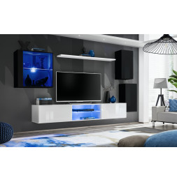 Ensemble meuble TV mural Switch XXIII - L 250 x P 40 x H 140 cm - Blanc et noir