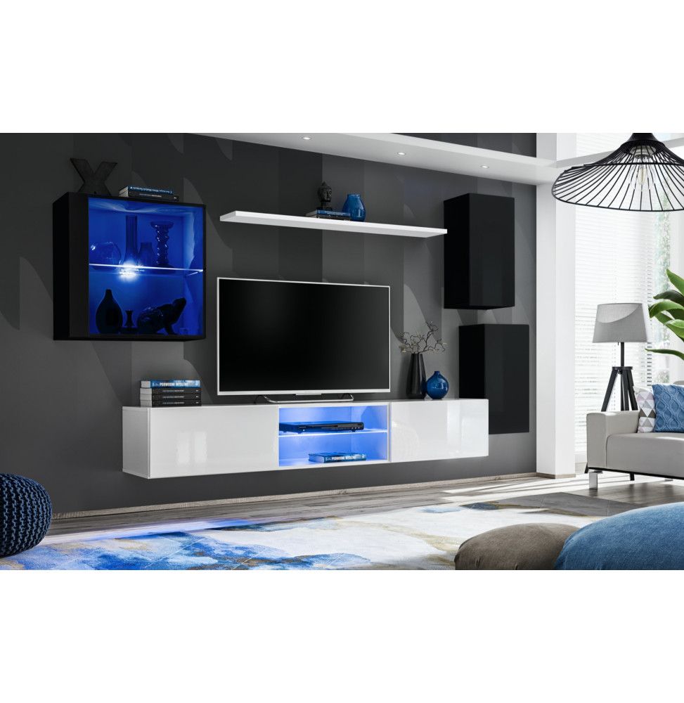 Ensemble meuble TV mural Switch XXIII - L 250 x P 40 x H 140 cm - Blanc et noir