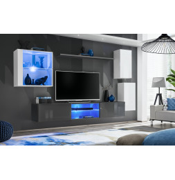 Ensemble meuble TV mural Switch XXIII - L 250 x P 40 x H 140 cm - Gris et blanc
