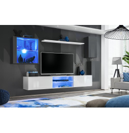 Ensemble meuble TV mural Switch XXIII - L 250 x P 40 x H 140 cm - Blanc et gris