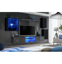 Ensemble meuble TV mural Switch XXIII - L 250 x P 40 x H 140 cm - Gris et noir