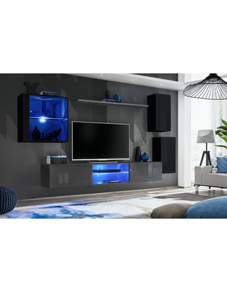 Ensemble meuble TV mural Switch XXIII - L 250 x P 40 x H 140 cm - Gris et noir