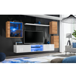 Ensemble meuble TV mural Switch XXIII - L 250 x P 40 x H 140 cm - Blanc et marron