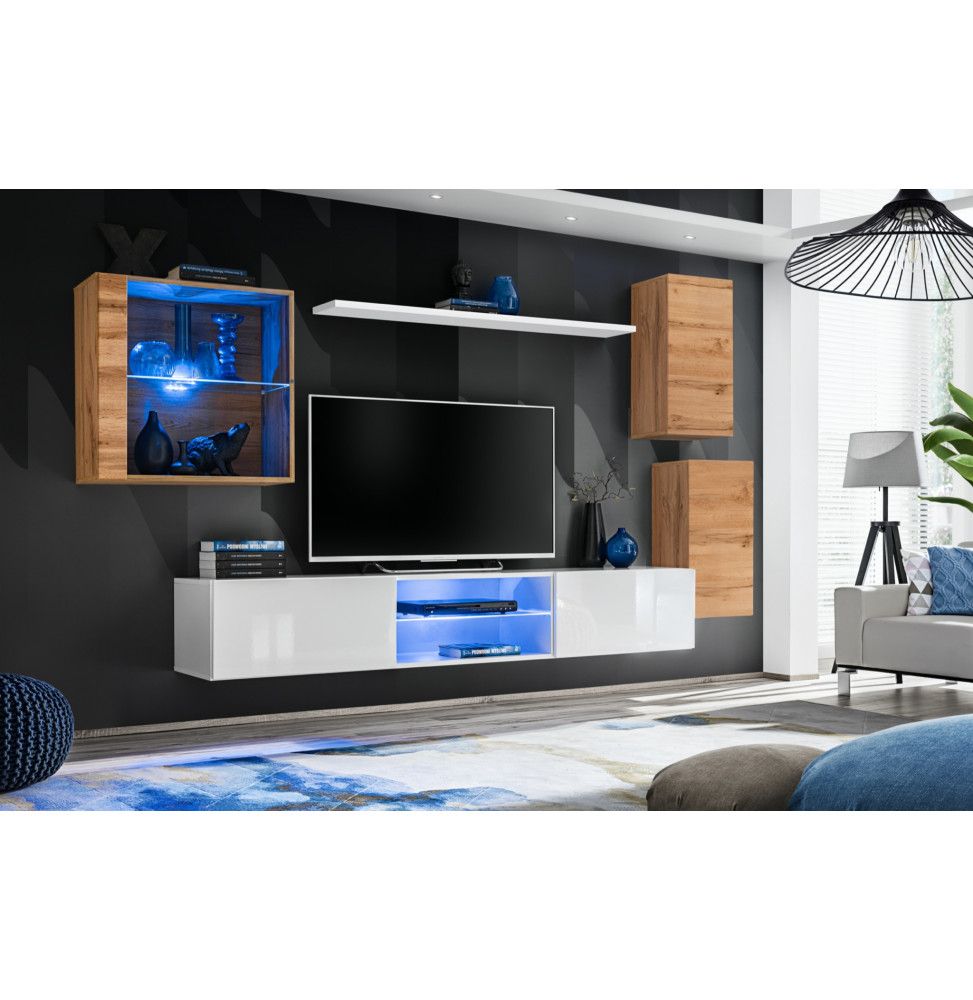 Ensemble meuble TV mural Switch XXIII - L 250 x P 40 x H 140 cm - Blanc et marron