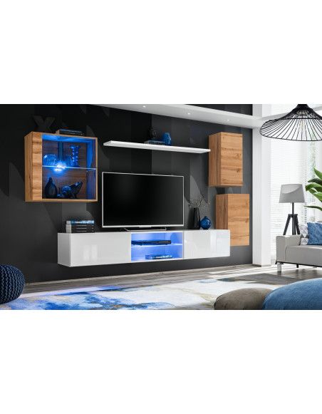 Ensemble meuble TV mural Switch XXIII - L 250 x P 40 x H 140 cm - Blanc et marron