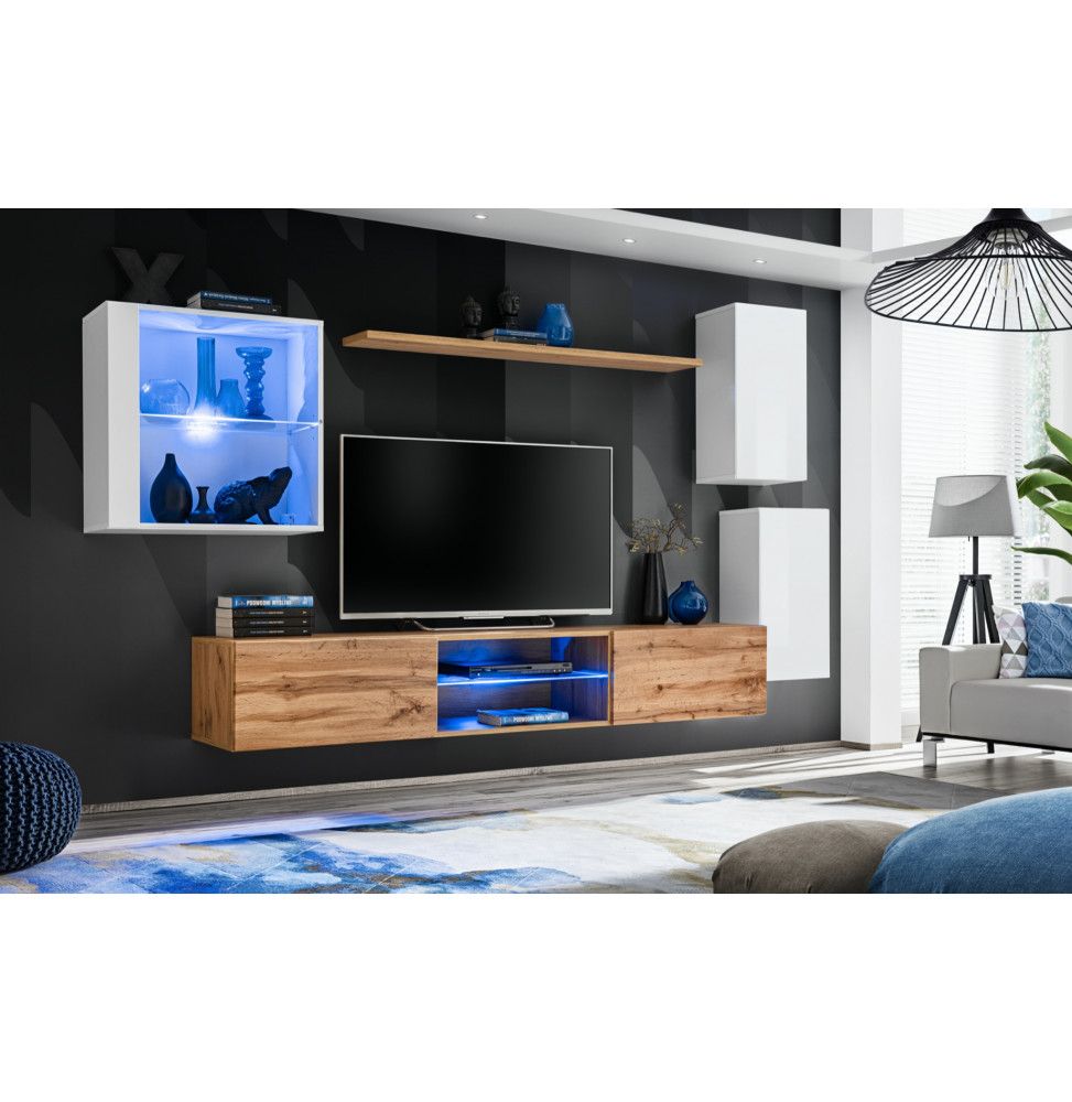 Ensemble meuble TV mural Switch XXIII - L 250 x P 40 x H 140 cm - Marron et blanc