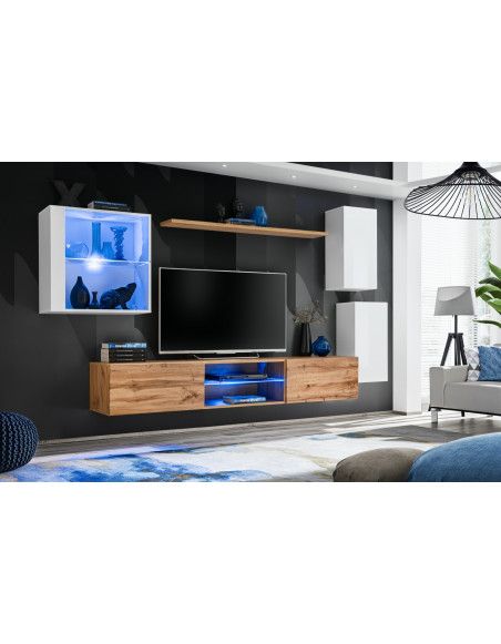 Ensemble meuble TV mural Switch XXIII - L 250 x P 40 x H 140 cm - Marron et blanc