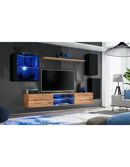 Ensemble meuble TV mural Switch XXIII - L 250 x P 40 x H 140 cm - Marron et noir